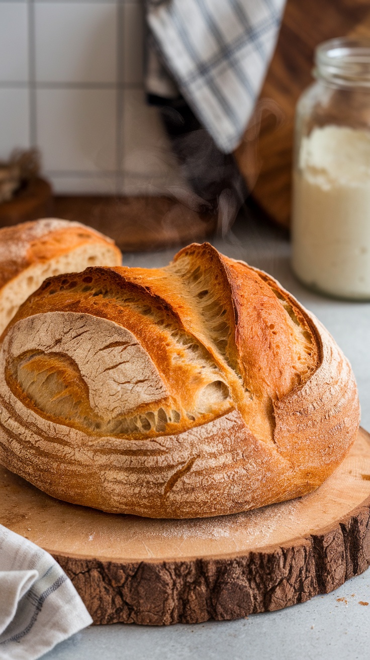 A rustic sourdough bread loaf with a golden crust and soft crumb, placed on a wooden board in a kitchen.