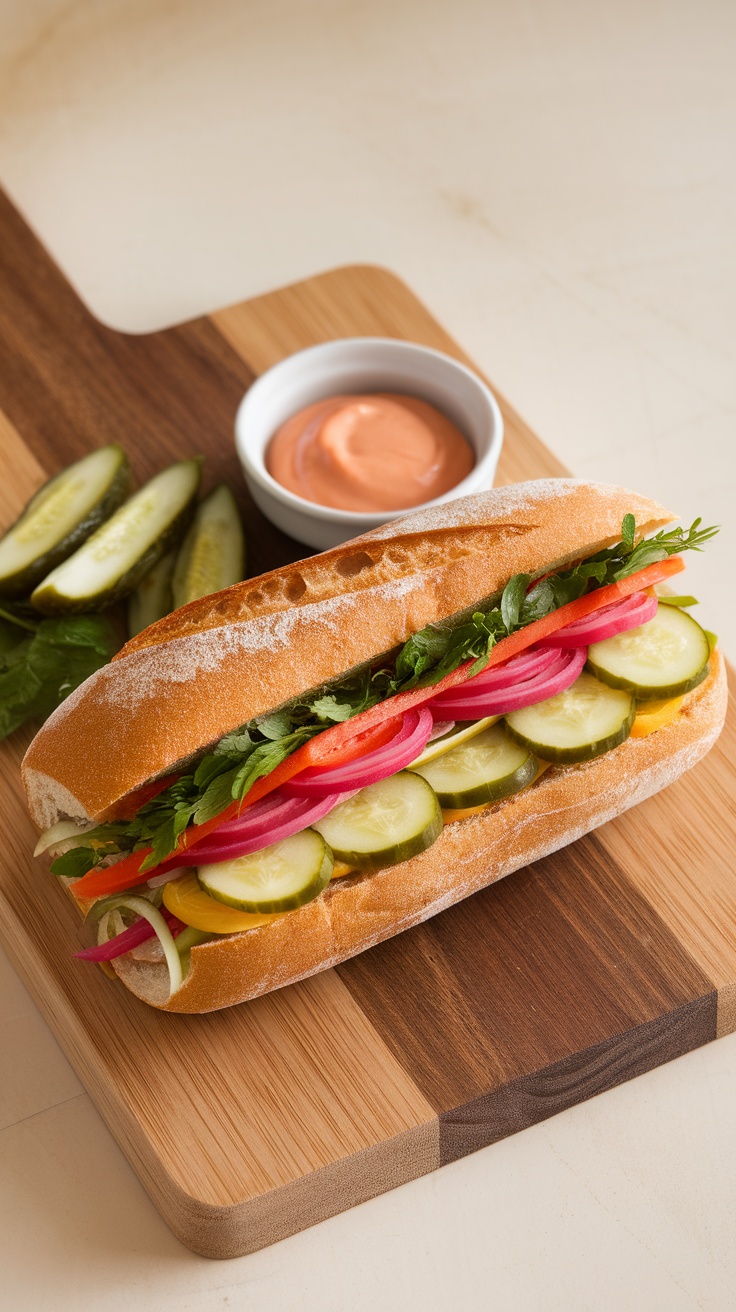 A traditional Bahn Mi sandwich filled with marinated pork, pickled vegetables, cucumbers, and cilantro on a wooden board.