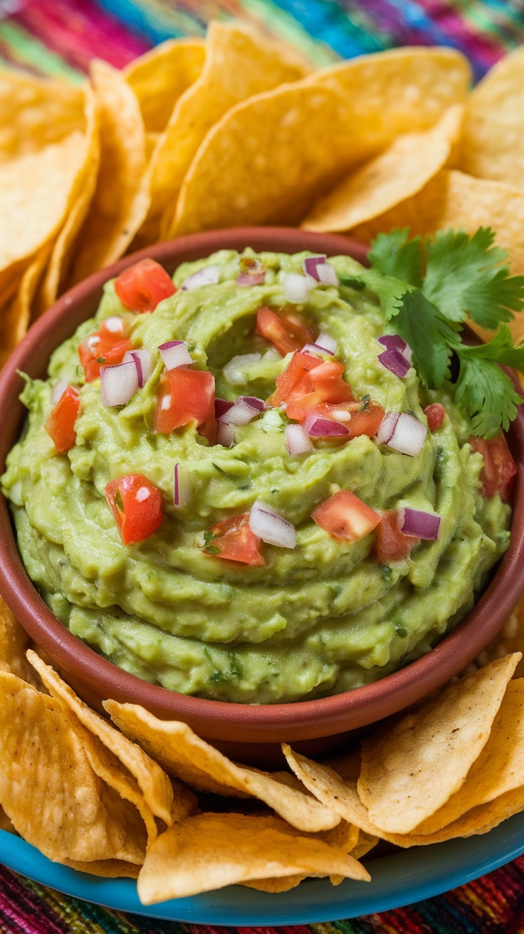 A bowl of fresh guacamole with tomatoes and onions, served with tortilla chips on a colorful table.