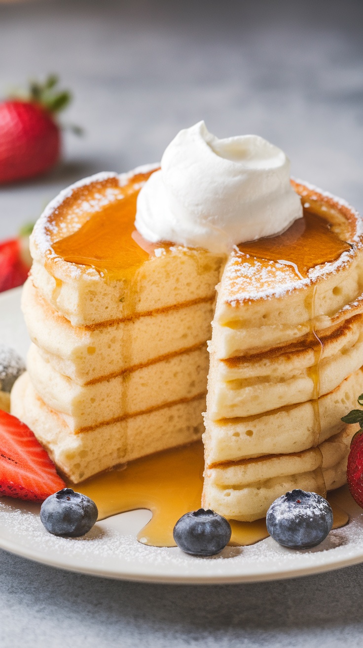 A stack of fluffy Japanese soufflé pancakes topped with powdered sugar, maple syrup, and fresh berries.