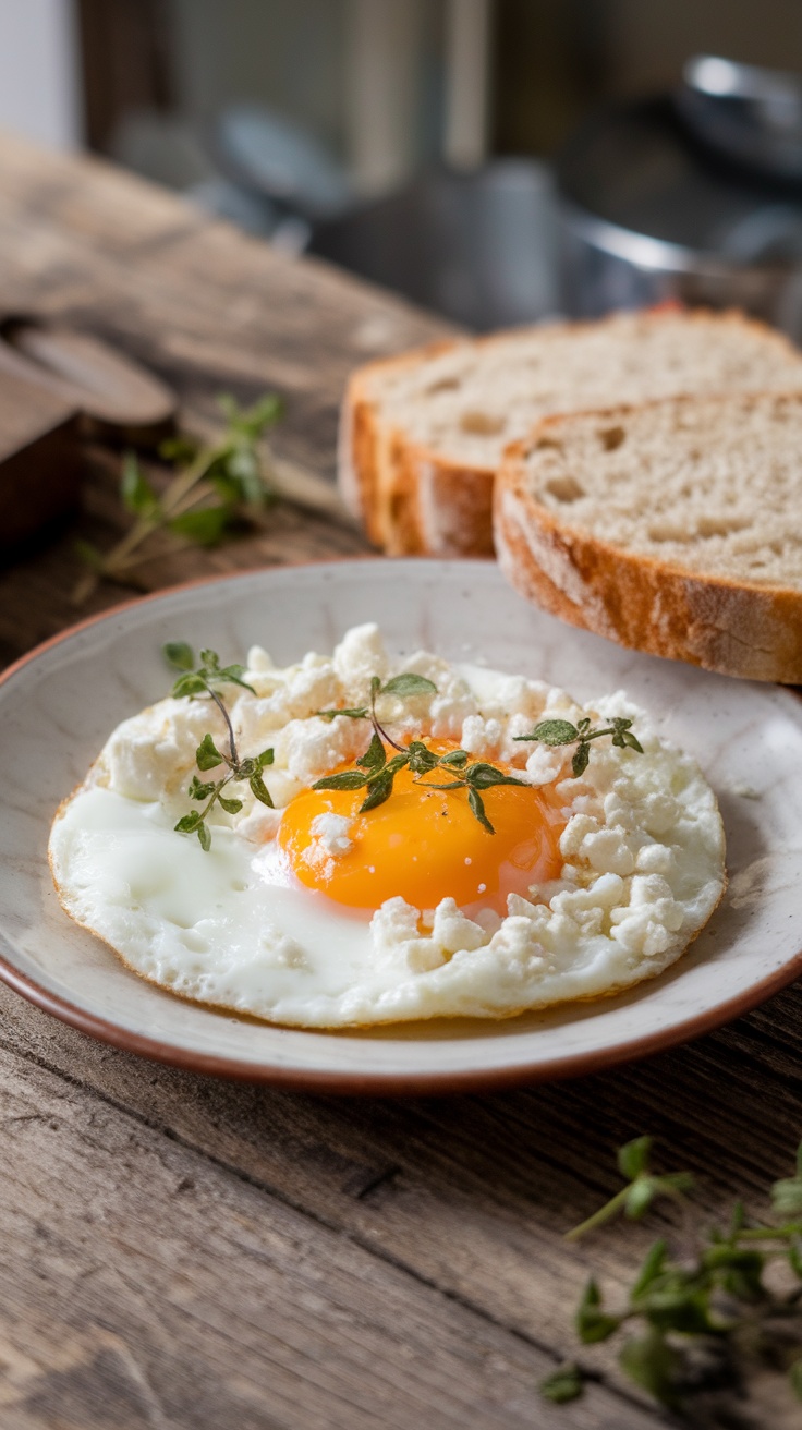 A plate of feta fried eggs with sunny-side up yolks, crumbled feta, and fresh herbs on a wooden table with a slice of bread.