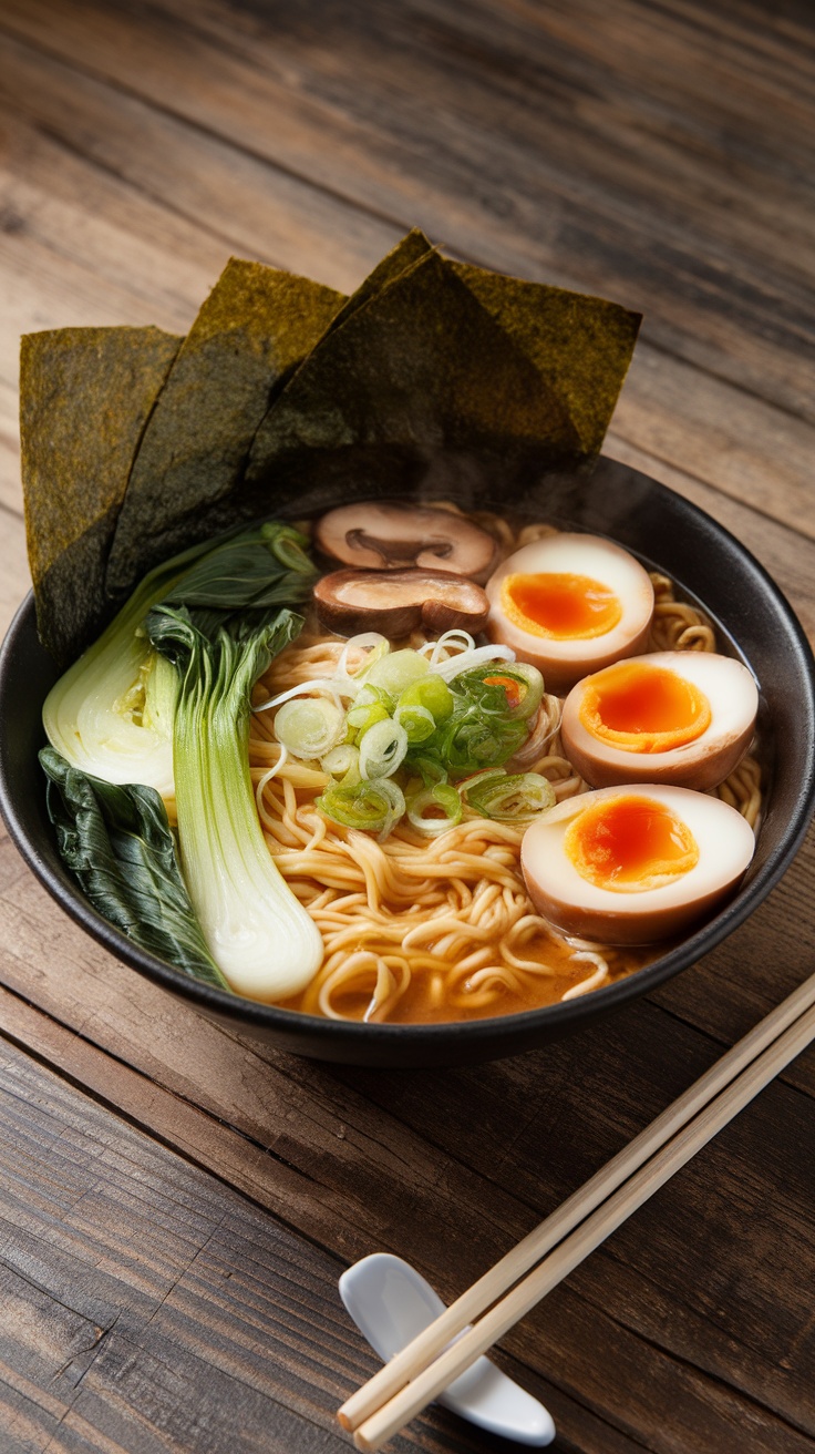 A flavorful bowl of miso ramen with noodles, bok choy, mushrooms, soft-boiled egg, and nori garnish on a wooden table.