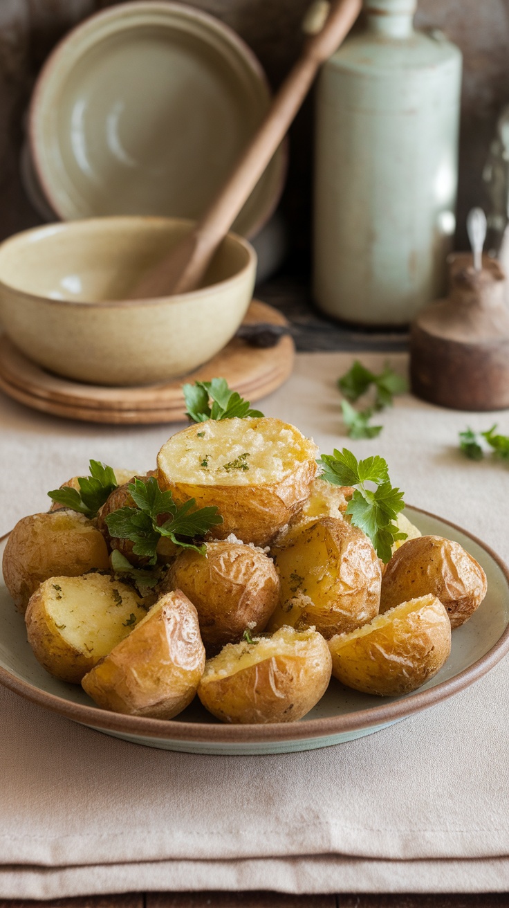 Crispy roasted potatoes coated with Parmesan cheese and garnished with parsley on a rustic plate.