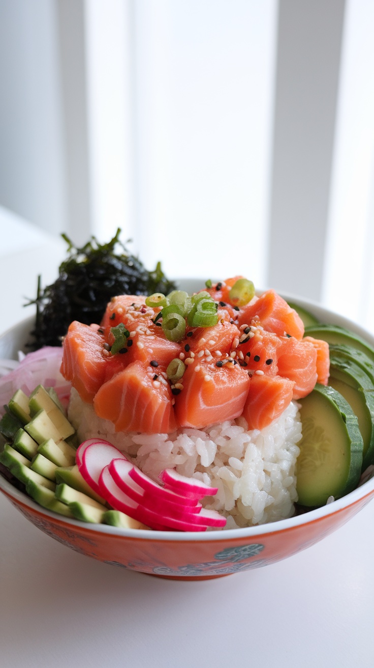 Fresh and Flavorful Salmon Poke Bowl Recipe A salmon poke bowl with marinated salmon, avocado, cucumber, and radish on sushi rice, garnished with sesame seeds and green onions.