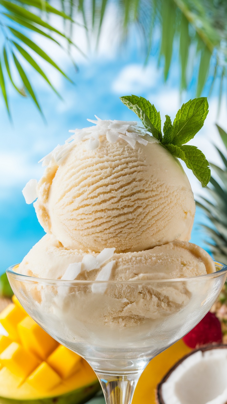 A bowl of coconut milk ice cream with shredded coconut and mint, surrounded by tropical fruits.