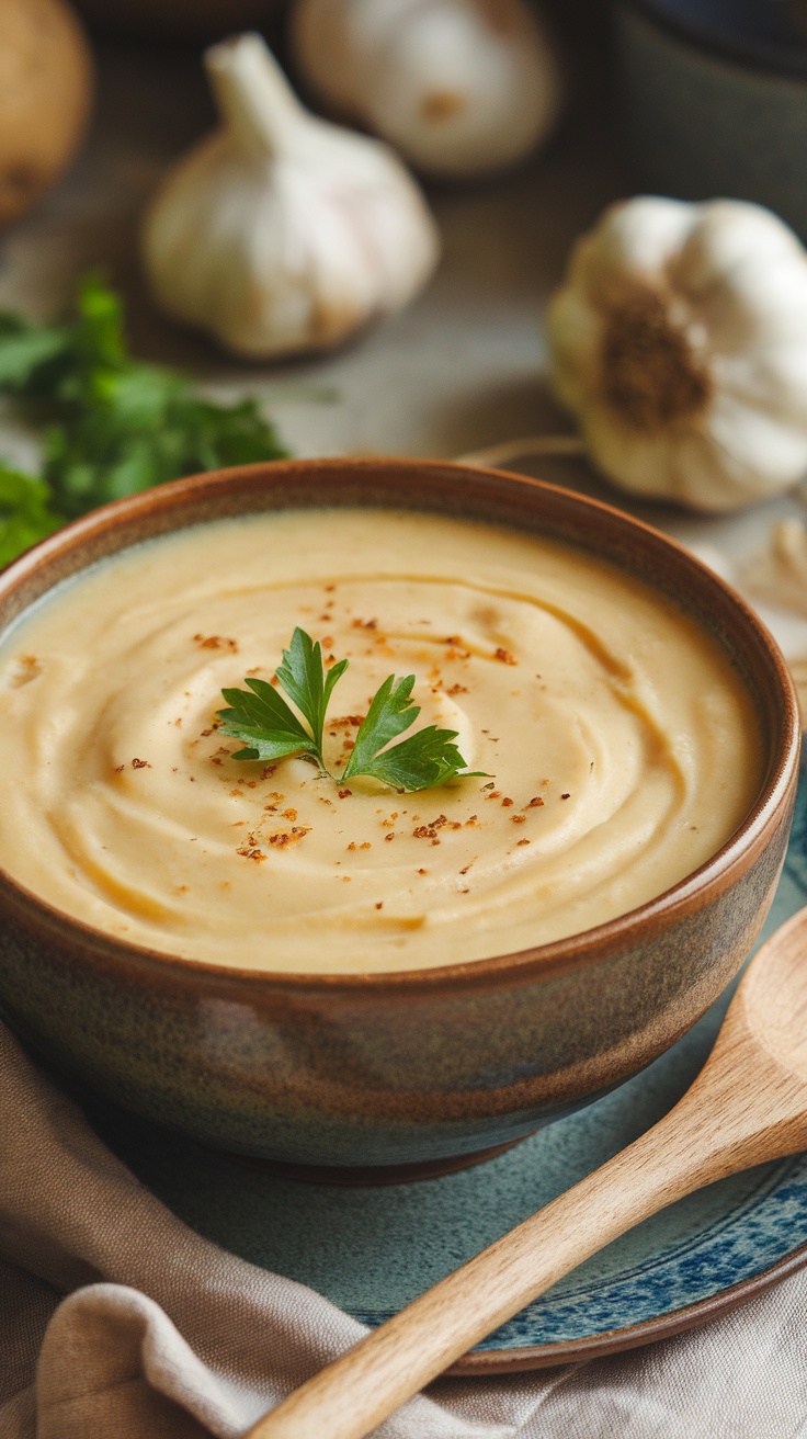 A bowl of creamy garlic potato soup garnished with parsley, beside a wooden spoon, on a rustic table.