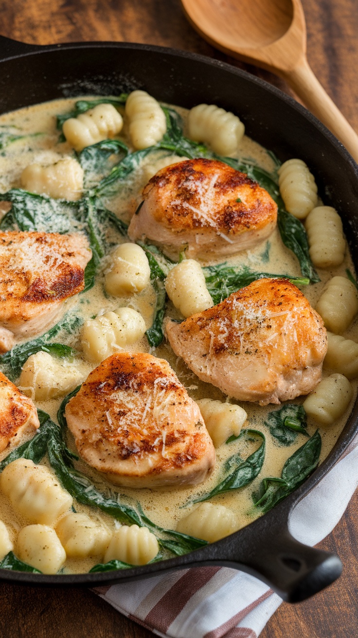 One-Pan Chicken and Gnocchi Skillet A delicious one-pan chicken and gnocchi with spinach in creamy sauce, served in a skillet.