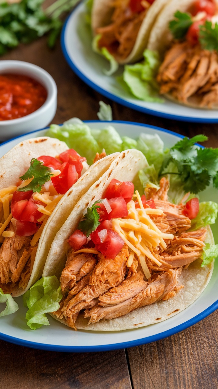 Colorful plate of chicken tacos with toppings like lettuce, tomatoes, cheese, and cilantro on a rustic table.