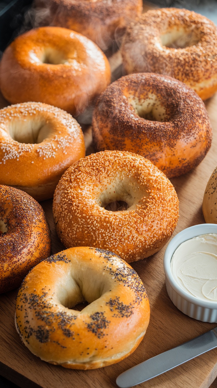 A variety of freshly baked bagels with different toppings on a wooden board, next to a dish of cream cheese.