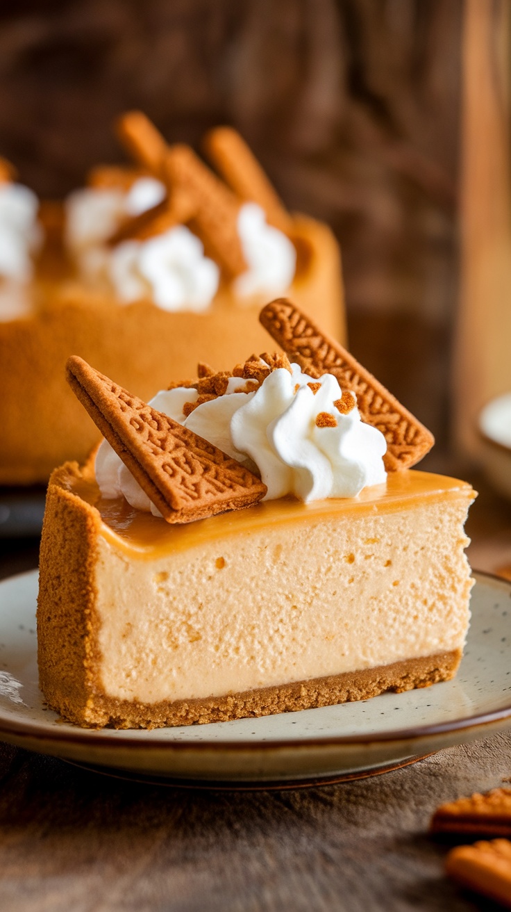 A slice of Biscoff cheesecake topped with whipped cream and cookie crumbles, on a wooden table.