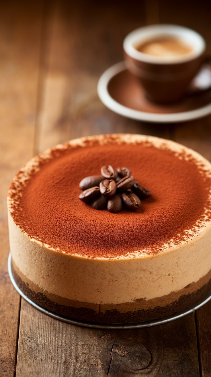 Slice of no bake espresso martini cheesecake garnished with cocoa powder and coffee beans on a rustic table.