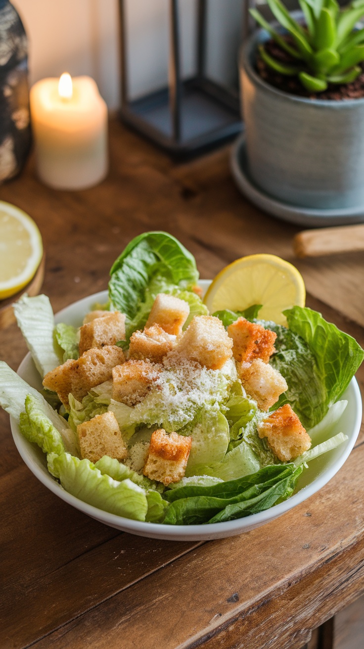 A classic Caesar salad with romaine lettuce, croutons, and Parmesan cheese on a rustic table.