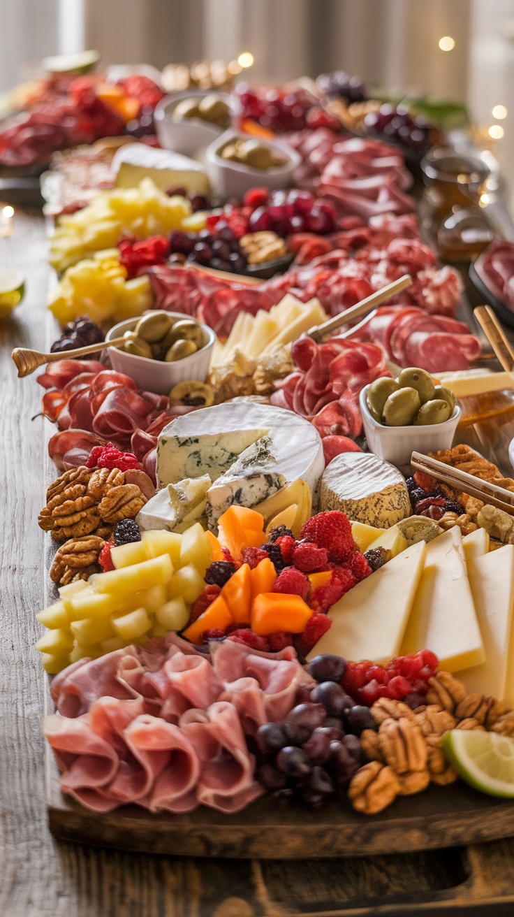 An elegant charcuterie board with cured meats, cheeses, fruits, nuts on a rustic table.