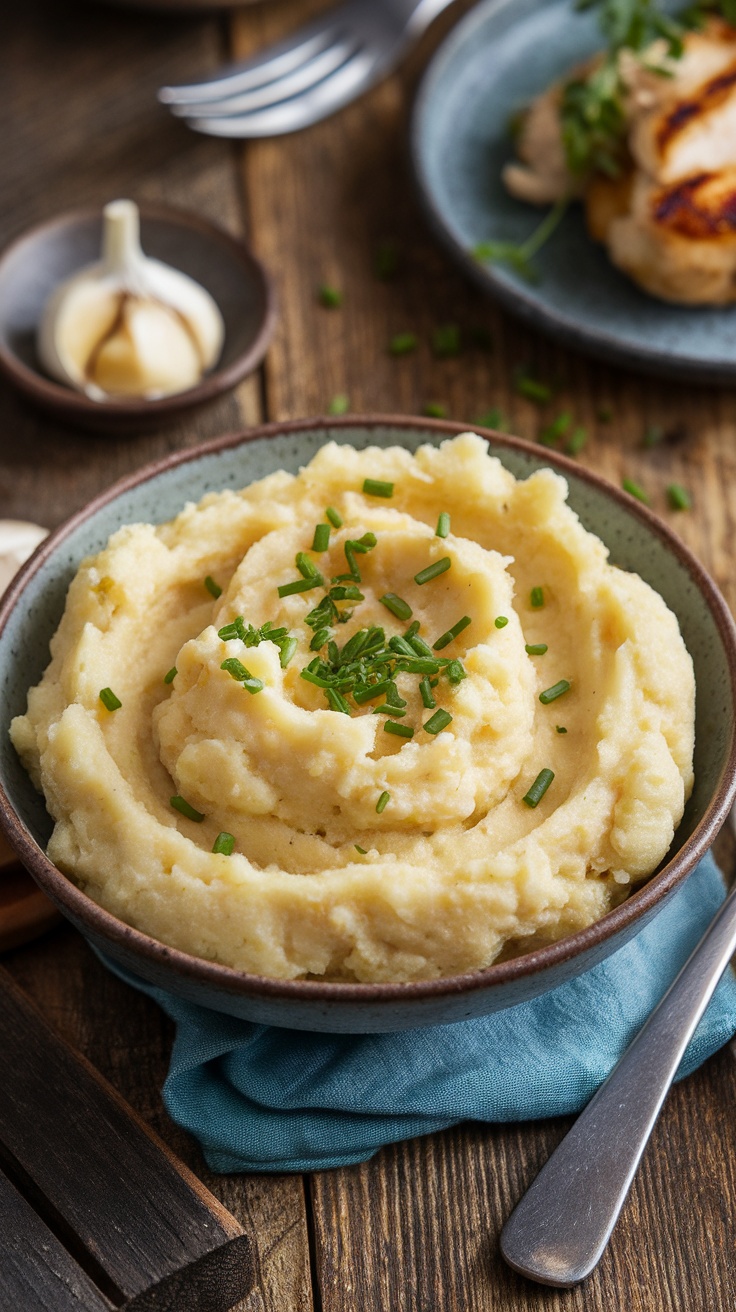 Creamy and Wholesome Mashed Cauliflower Recipe A bowl of creamy mashed cauliflower garnished with chives on a rustic table with a fork and grilled chicken.