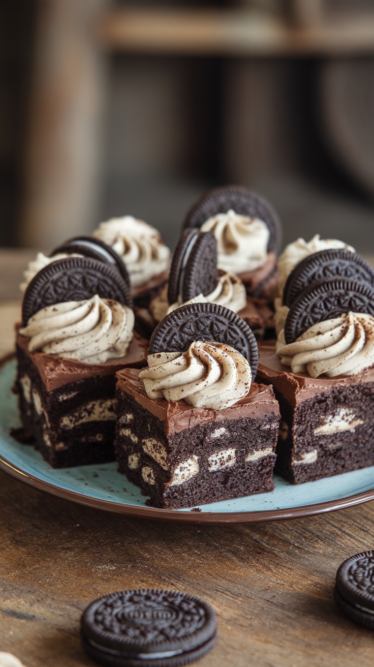 A plate of rich chocolate brownies topped with Oreo frosting and whole Oreos, set on a rustic wooden table.