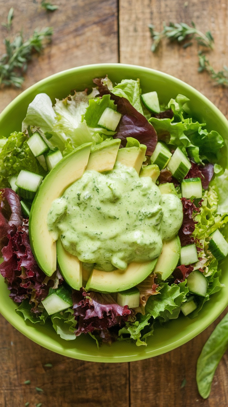 A vibrant Green Goddess Salad with mixed greens, cherry tomatoes, cucumber, avocado, and a creamy dressing on a wooden table.