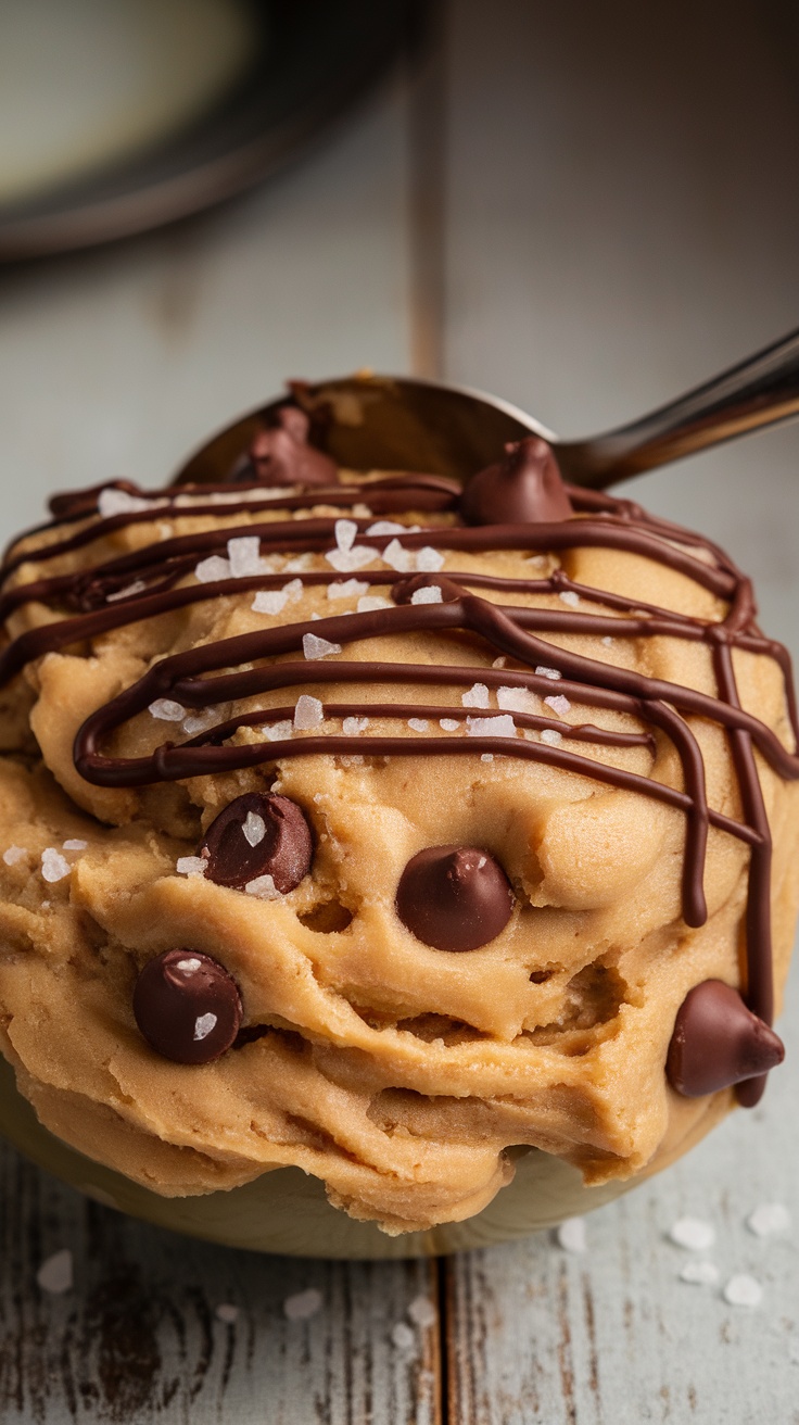 A bowl of chickpea cookie dough topped with chocolate chips and sea salt, on a rustic wooden table.