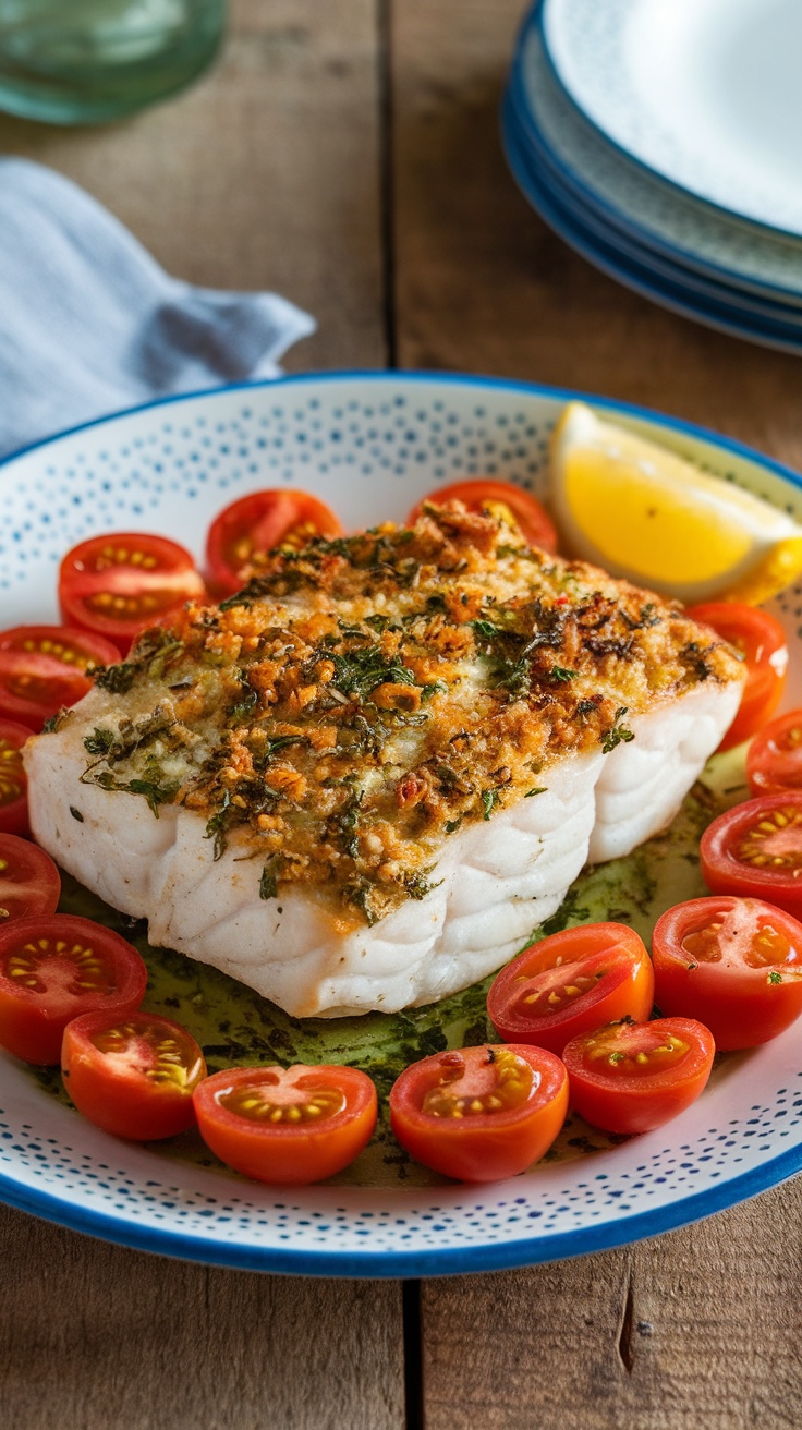 Herb-crusted baked fish with cherry tomatoes and parsley on a rustic table.