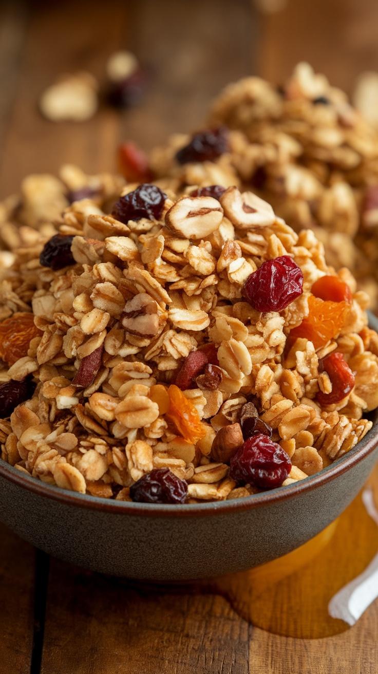 A bowl of crunchy homemade granola with oats, nuts, and dried fruits on a wooden table.
